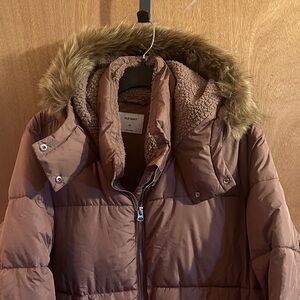 Old Navy Mauve LONG Puffer Jacket with Faux Fur Trim